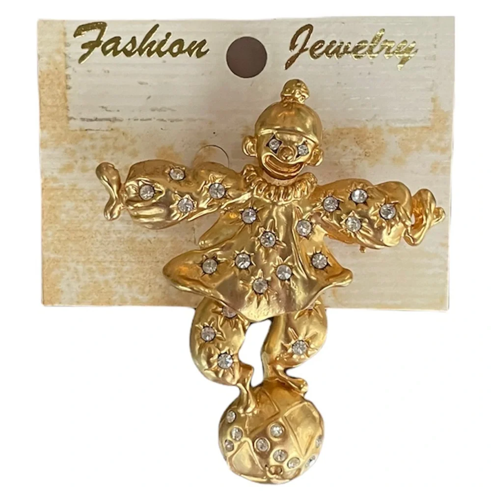 Sparkling Diamonds Clown Pin Brooch Beautiful Sparkly Rhinestones Gold Luxury
